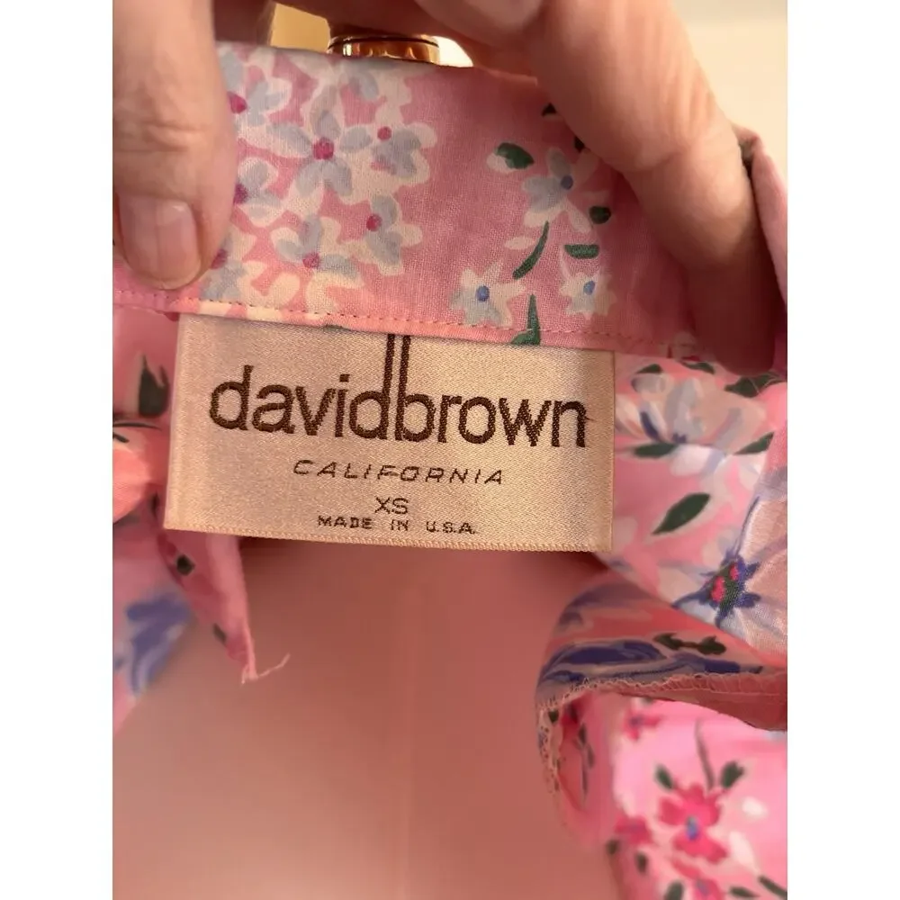 Vintage David Brown California Long Pink Floral House Dress Cotton Gown USA XS